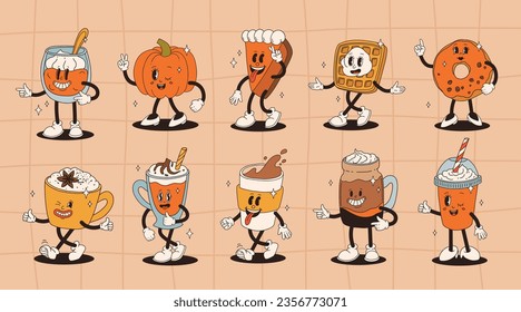 Funny Retro cartoon Pumpkin Character in groovy 50s, 60s, 70s Vintage Style. Happy Autumn mascot with pumpkin spice latte, pumpkin pie, pudding, cake, cupcake, waffles, donut and coffee.