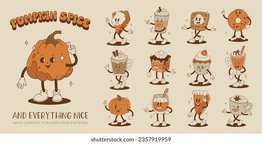 Funny Retro cartoon Pumpkin Character in groovy 50s, 60s, 70s Vintage Style. Happy Autumn mascot with pumpkin spice latte, pumpkin pie, pudding, cake, cupcake, waffles, donut and coffee.