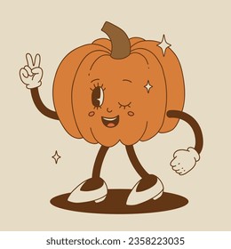 Funny Retro cartoon Pumpkin Character in groovy 50s, 60s, 70s Vintage Style. Happy Autumn mascot with pumpkin spice latte, pumpkin pie, pudding, cake, cupcake, waffles, donut and coffee.