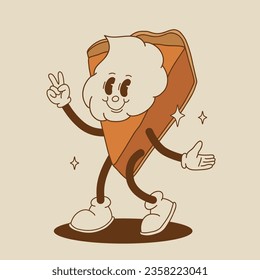 Funny Retro cartoon Pumpkin Character in groovy 50s, 60s, 70s Vintage Style. Happy Autumn mascot with pumpkin spice latte, pumpkin pie, pudding, cake, cupcake, waffles, donut and coffee.