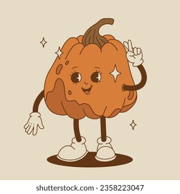 Funny Retro cartoon Pumpkin Character in groovy 50s, 60s, 70s Vintage Style. Happy Autumn mascot with pumpkin spice latte, pumpkin pie, pudding, cake, cupcake, waffles, donut and coffee.