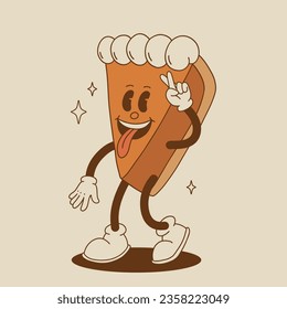 Funny Retro cartoon Pumpkin Character in groovy 50s, 60s, 70s Vintage Style. Happy Autumn mascot with pumpkin spice latte, pumpkin pie, pudding, cake, cupcake, waffles, donut and coffee.