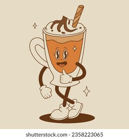 Funny Retro cartoon Pumpkin Character in groovy 50s, 60s, 70s Vintage Style. Happy Autumn mascot with pumpkin spice latte, pumpkin pie, pudding, cake, cupcake, waffles, donut and coffee.