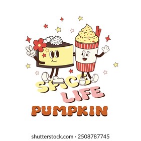Funny Retro cartoon Pumpkin Character in groovy 50s, 60s, 70s Vintage Style. Happy Autumn mascot with pumpkin spice latte, pumpkin pie, pudding, cake, cupcake.