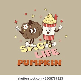 Funny Retro cartoon Pumpkin Character in groovy 50s, 60s, 70s Vintage Style. Happy Autumn mascot with pumpkin spice latte, pumpkin pie, pudding. cupcake, waffles.