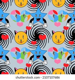 Funny retro cartoon seamless pattern with cats, stars and hearts. 50s-60s trendy background.
