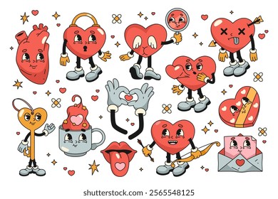 Funny retro characters or pop art icons for Valentines day. Vector stickers set. Anthropomorphic comic personages of hearts. Groovy cupid heart, angel, lock and key mascots. Comic vintage collection.