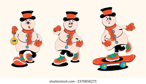 Funny retro characters Snowman. Set of posing vector illustrations of winter symbol, December in 60s-80s style. Merry Christmas and Happy New Year.