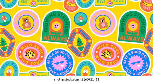 Funny retro colorful sticker label seamless pattern. Vintage icon tag or patch background texture. Trendy sign wallpaper.