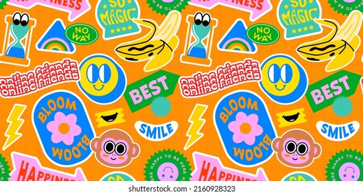 Funny retro colorful sticker label seamless pattern. Vintage icon tag or patch background texture. Trendy sign wallpaper.