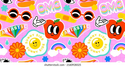 Funny retro colorful sticker label seamless pattern. Vintage icon tag or patch background texture. Trendy sign wallpaper.