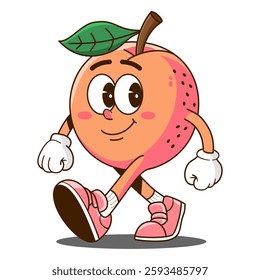 Funny retro cute apricot with green leaf walking 