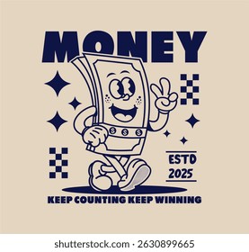 Funny retro dollar bill cartoon character in vintage style. Vector illustration, perfect for t shirt prints, stickers, posters, and merchandise