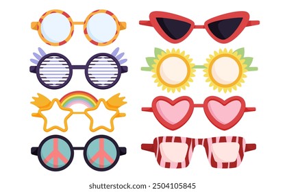 Funny retro eyeglasses for sun protection with animal print on frames, star and flower, heart and round shapes. Eyewear stickers Groovy cartoon sunglasses set