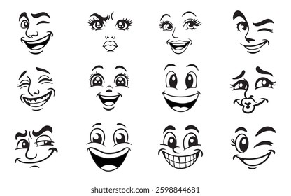 Funny Retro Facial Expressions. Vintage Cartoon Clipart Vector Illustration