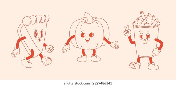 Graciosa tarjeta de bienvenida Retro Fall con caricatura retro Carácter calabaza en groovy estilo vintage de los 70. Feliz Ilustración de Otoño con tarta de especias de calabaza y tarta de calabaza. Ilustración vectorial de contorno.