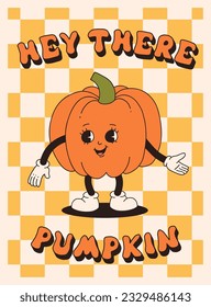 Funny Retro Fall greeting card with retro cartoon Pumpkin Character in groovy 70s Vintage Style. Happy Autumn Illustration with pumpkin spice latte and pumpkin pie. Contour vector illustration.