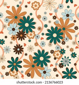 Funny Retro Floral Seamless Vector Pattern in Mid Century Modern Style. Flowers of 60s, 70s. Light Beige, Gold, light blue and green colors