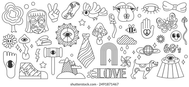 Funny retro flower and disco ball, footprint with eye and landscape with Good vibe slogan, hippie girl and peace sign, funky mushroom vector illustration. Groovy outline line psychedelic stickers set.