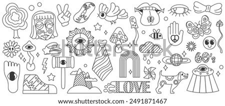 Funny retro flower and disco ball, footprint with eye and landscape with Good vibe slogan, hippie girl and peace sign, funky mushroom vector illustration. Groovy outline line psychedelic stickers set.