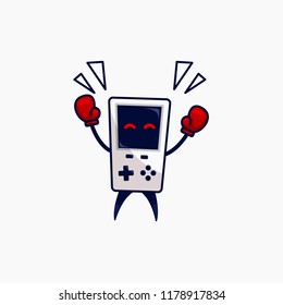 funny retro gaming gamer device console mascot character boxer with boxing glove raising hand winner champion celebration logo illustration