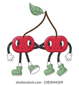 Funny Retro Groovy Cartoon Hippie Berry Character. Comic Cherries hugging each other. Groovy Summer Vector Illustration. 90s Sweet Juicy Fresh Fruit.