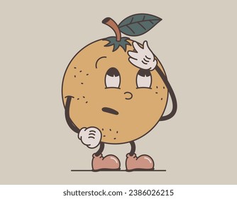 Funny retro groovy fruit character. Vector isolated orange rolling his eyes and doing a facepalm, old cartoon style.