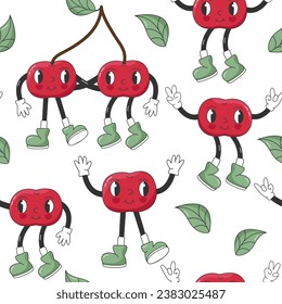 Funny Retro Groovy Pattern with Cartoon Hippie Characters. Comic Cherries with faces, hands and legs. Groovy Summer Vector Berry Print. Sweet Juicy Fresh Fruits.