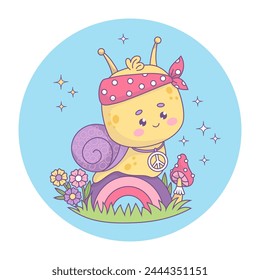 Funny retro groovy snail hippy character. Comic cute insect kawaii with peace sign on rainbow. Cool vector illustration in trendy 70s style 