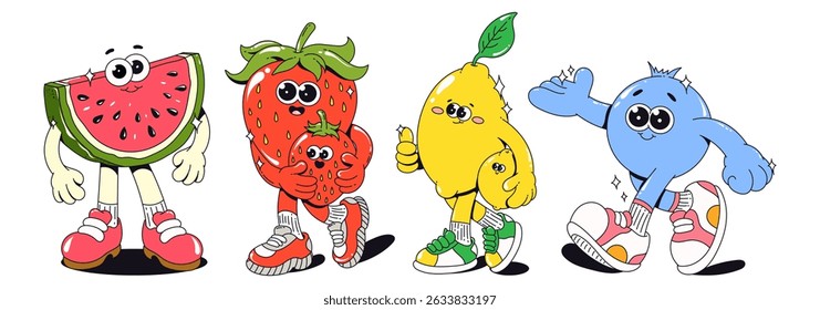 Funny Retro Groovy Tropical Fruit Characters. Mascot Watermelon, Strawberry, Lemon and Blueberry in Sneakers