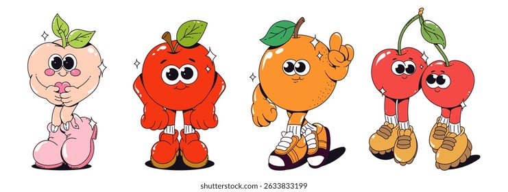 Funny Retro Groovy Tropical Fruit Characters. Mascot Peach, Apple, Orange, Cherry with Sneakers and Leaves.