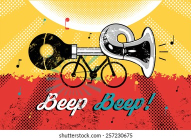 Funny retro grunge poster "Beep Beep!" Bike with klaxon. Vector illustration.