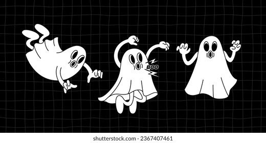 Graciosa Ilustración Retro de Halloween de un pequeño y adorable fantasma. Carácter vectorial en estilo de doodle vintage. Ilustración feliz de Halloween