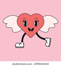 Funny retro heart with legs and wings. 60s and 70s style. Great Valentine's Day Poster Template