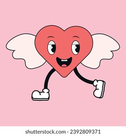 A funny retro heart with legs and wings in groove style. 60s and 70s style. Valentine's Day Poster Template