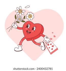  Funny retro heart walking with flowers and gift in groove style. 60s and 70s style.  Vector Valentine's Day Poster Template