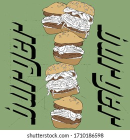 funny retro illustration of burgers with text on a green background