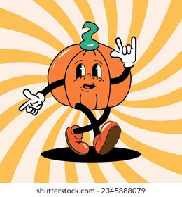 Funny Retro illustration with retro cartoon Pumpkin Character in groovy 70s Vintage Style.