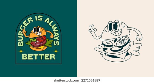 Graciosa Ilustración Retro con Burger Cute. Carácter vectorial en estilo vintage de dibujos animados. Cita creativa para logotipos, tarjetas, pancartas, estampados y afiches de camisetas