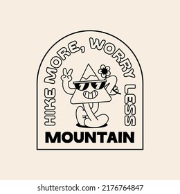 Funny Retro Illustration with Quote About Mountains . Vector Character in Vintage Style. Outdoor Summer Camp Logo