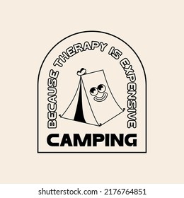 Graciosa Ilustración Retro con Tienda Turística y Cita sobre Camping . Carácter vectorial en estilo vintage. Logo del campamento de verano al aire libre