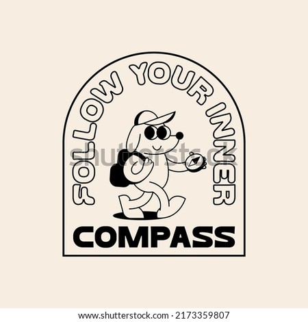 Funny Retro Illustration of a Walking Smiling Dog with a Compass . Vector Character in Vintage Style. Outdoor Summer Camp Logo 