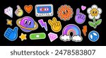  Funny retro nostalgic signs and symbols. Groovy vintage 90s sticker set. EPS 10 vector illustrations.