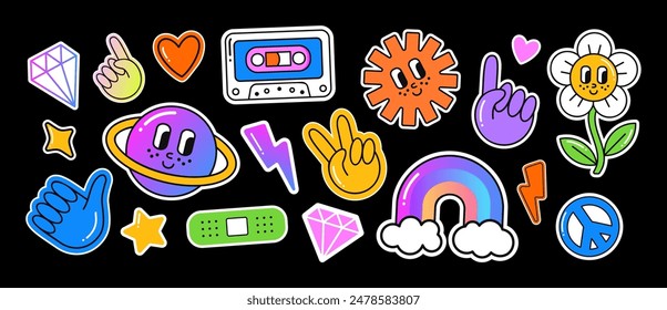  Divertidos signos y símbolos nostálgicos retro. Conjunto de pegatinas de los años 90 de Groovy vintage. EPS 10 Ilustraciones vectoriales.