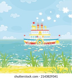 Funny retro paddle passenger steamboat with large wheels attached to its sides floating on a large lake on a summer day, vector cartoon illustration isolated on a white background