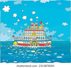 Funny retro paddle passenger steamboat with large wheels attached to its sides sailing on a sea on a summer day, vector cartoon illustration