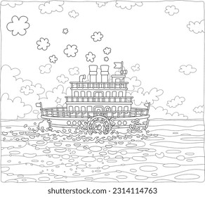 Funny retro paddle passenger steamboat with large wheels attached to its sides sailing on a sea on a beautiful summer day, black and white vector cartoon illustration for a coloring book