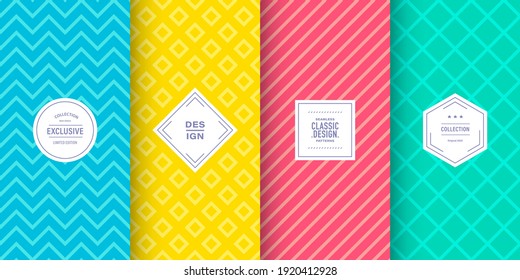 Funny retro patterns. Set of seamless vector patterns retro style color. Cute chic fashion line background design. Patterns for birthday celebrations, kids invitation, wallpaper. Bright colors