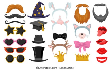 Funny retro photobooth party flat elements set. Cartoon headbands, cat ears, eyeglasses, hats, face masks isolated vector illustration collection. Carnival accessories and fun concept