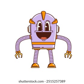 Lustiger Retro-Roboter, Cartoon-grooviger Charakter oder außerirdischer Roboter-Roboter, außerirdisches Vektormonster. Funky groovy Retro Roboter oder Cartoon Cyborg Droid mit lustigem Lächeln im Gesicht und mechanischen Greifarmen